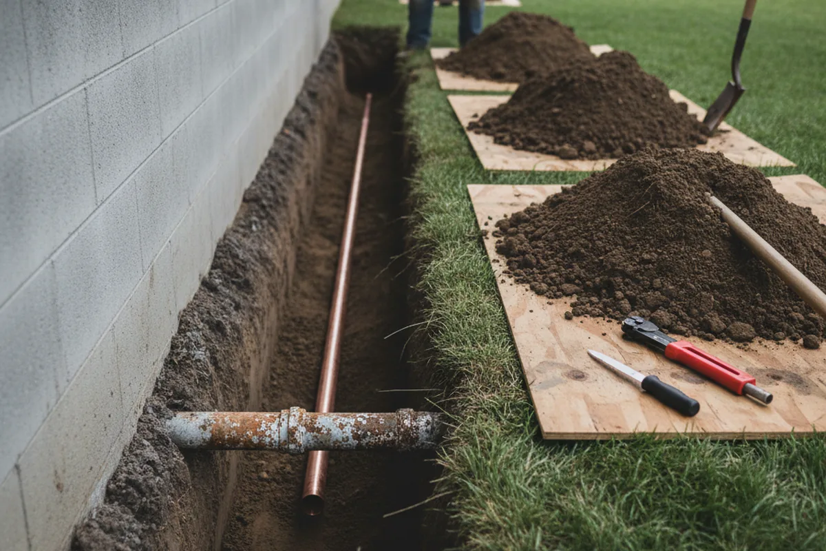 Excavated water line trench during Sewer Line Repair in Lawndale